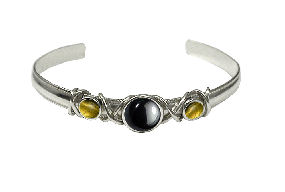 Sterling Silver Hand Made Cuff Bracelet With Hematite And Citrine